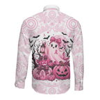 Aboriginal Pink Ghost Pumpkin Long Sleeve Button Shirt Aboriginal Halloween Wear Pink