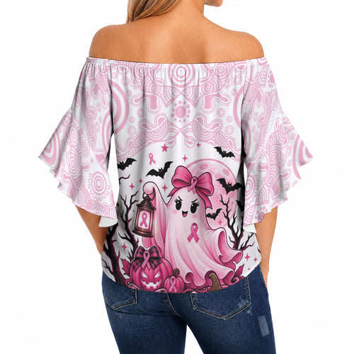 Aboriginal Pink Ghost Pumpkin Off Shoulder Wrap Waist Top Aboriginal Halloween Wear Pink