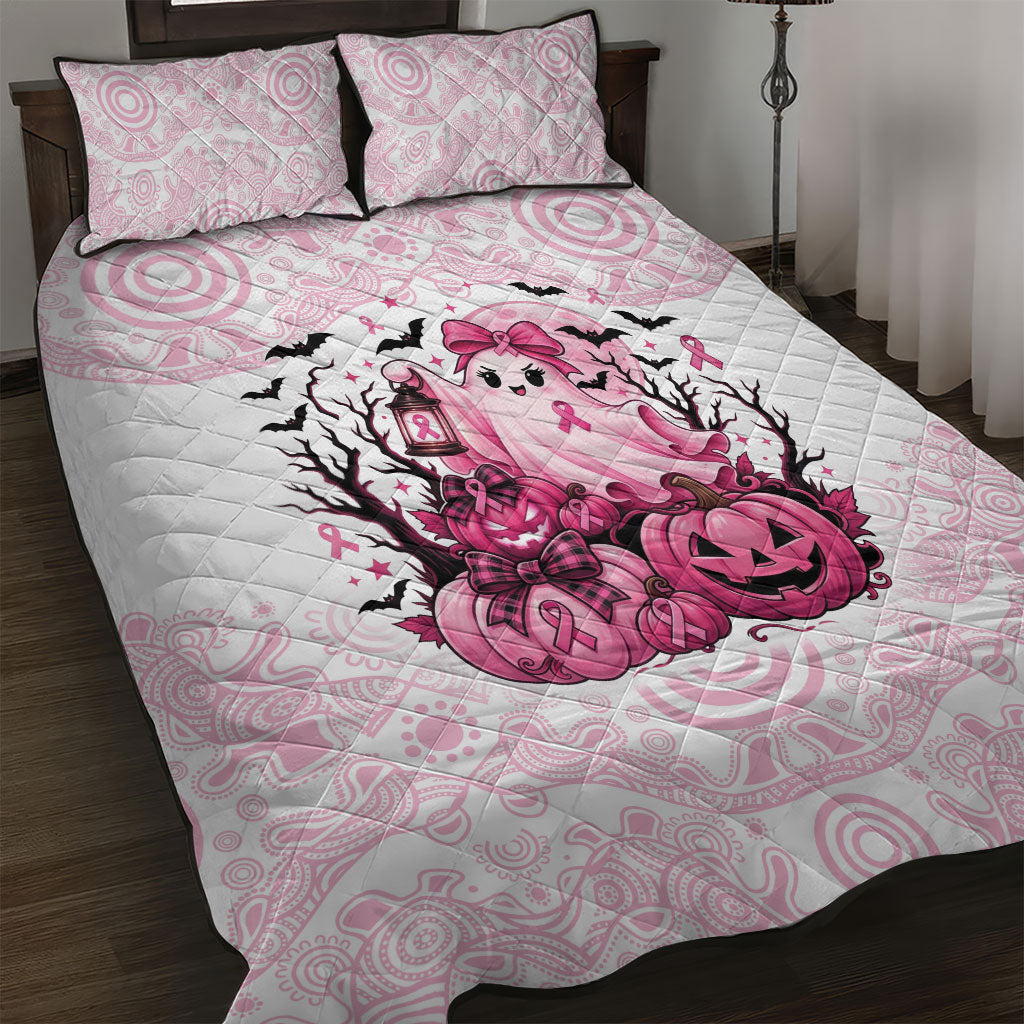 Aboriginal Pink Ghost Pumpkin Quilt Bed Set Aboriginal Halloween Wear Pink