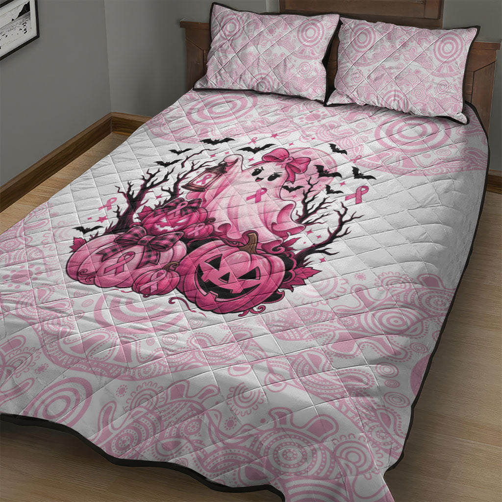 Aboriginal Pink Ghost Pumpkin Quilt Bed Set Aboriginal Halloween Wear Pink