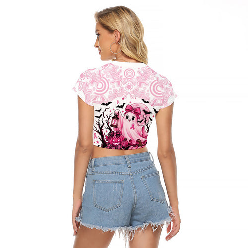Aboriginal Pink Ghost Pumpkin Raglan Cropped T Shirt Aboriginal Halloween Wear Pink