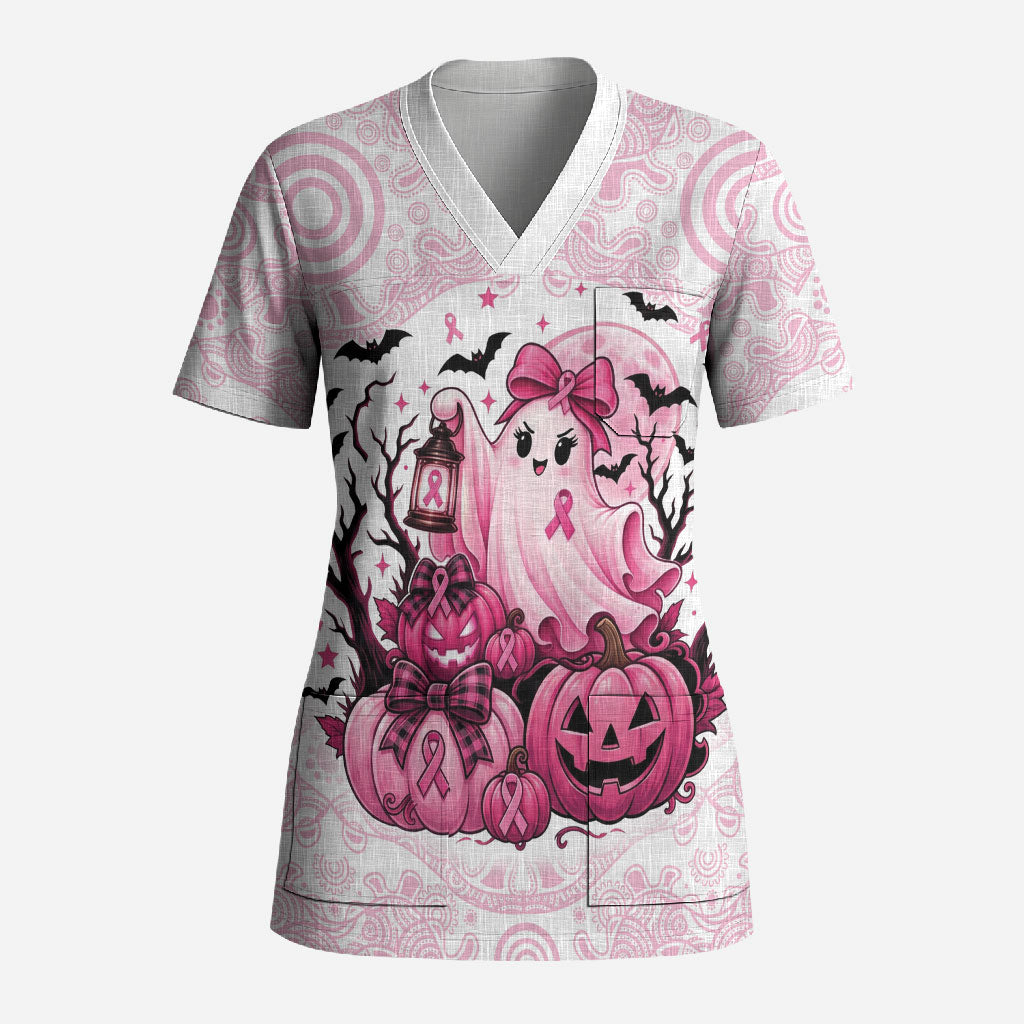 Aboriginal Pink Ghost Pumpkin Scrub Top Aboriginal Halloween Wear Pink