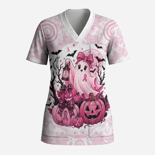 Aboriginal Pink Ghost Pumpkin Scrub Top Aboriginal Halloween Wear Pink