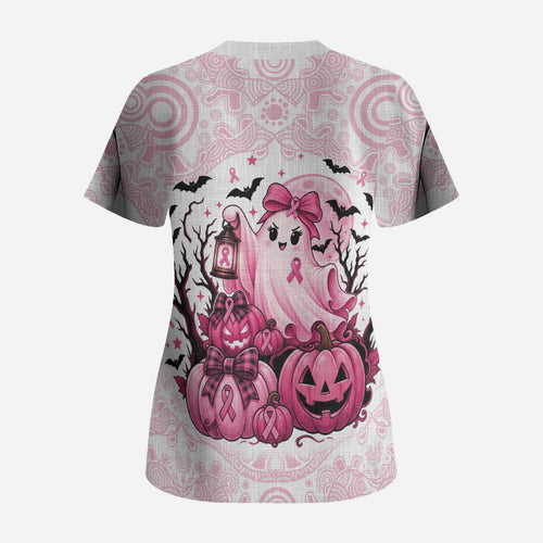 Aboriginal Pink Ghost Pumpkin Scrub Top Aboriginal Halloween Wear Pink