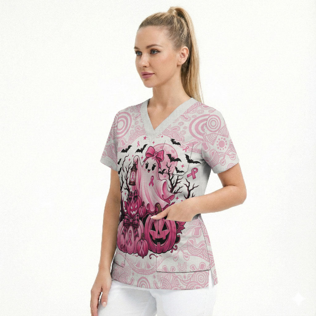 Aboriginal Pink Ghost Pumpkin Scrub Top Aboriginal Halloween Wear Pink