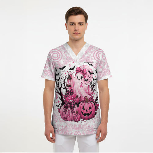 Aboriginal Pink Ghost Pumpkin Scrub Top Aboriginal Halloween Wear Pink
