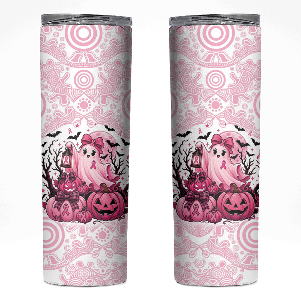 Aboriginal Pink Ghost Pumpkin Skinny Tumbler Aboriginal Halloween Wear Pink
