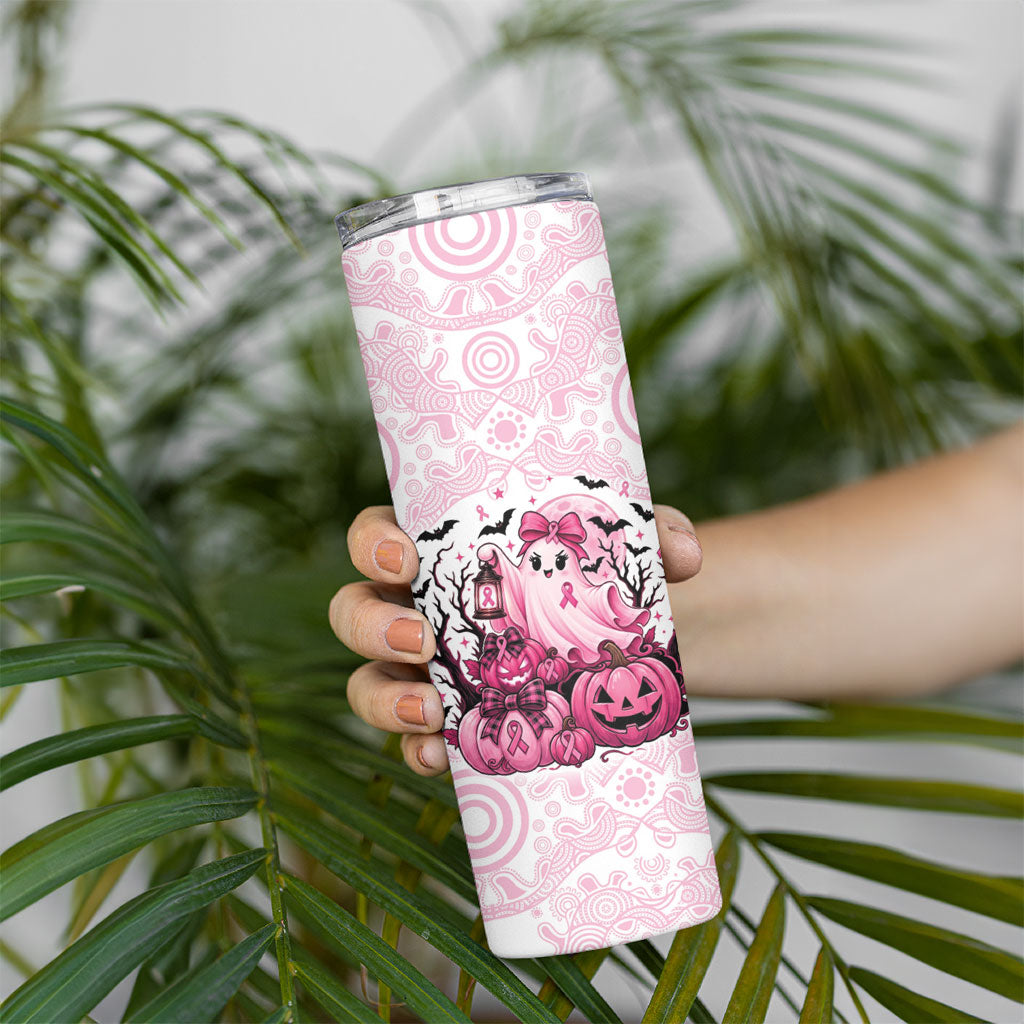 Aboriginal Pink Ghost Pumpkin Skinny Tumbler Aboriginal Halloween Wear Pink