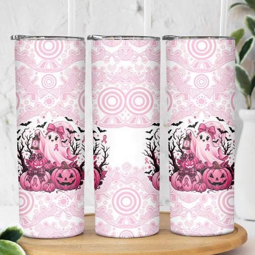 Aboriginal Pink Ghost Pumpkin Skinny Tumbler Aboriginal Halloween Wear Pink