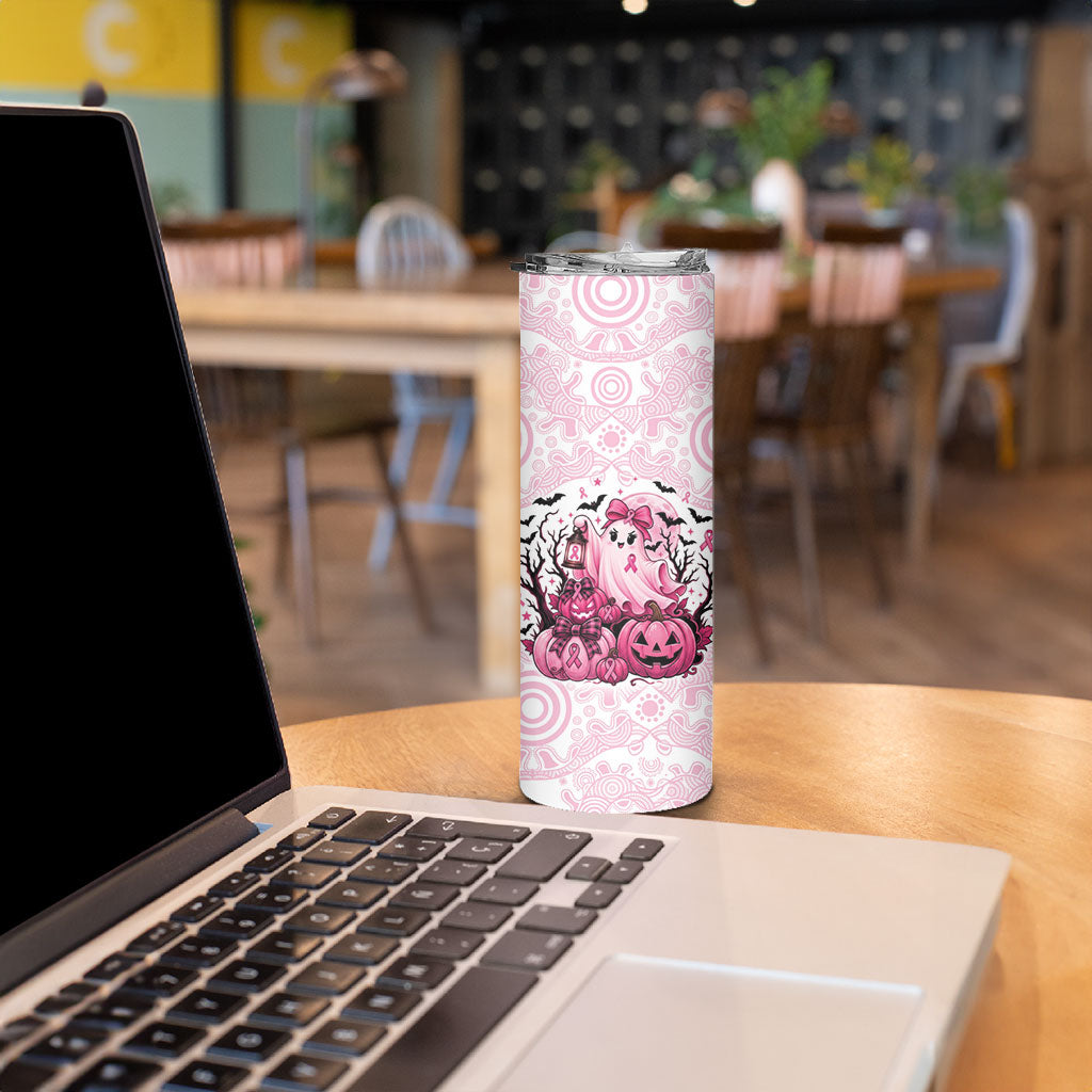 Aboriginal Pink Ghost Pumpkin Skinny Tumbler Aboriginal Halloween Wear Pink