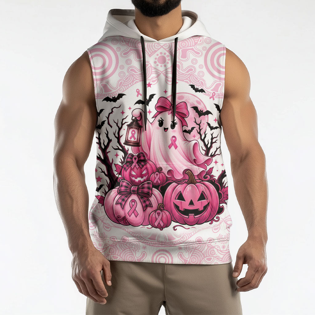 Aboriginal Pink Ghost Pumpkin Sleeveless Hoodie Aboriginal Halloween Wear Pink