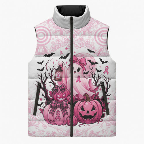 Aboriginal Pink Ghost Pumpkin Sleeveless Puffer Jacket Aboriginal Halloween Wear Pink