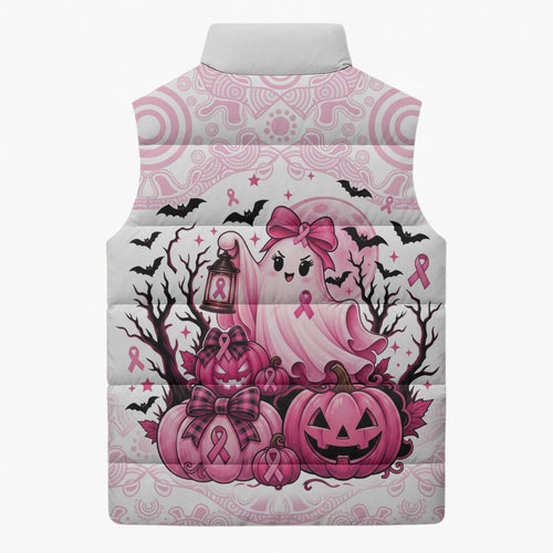Aboriginal Pink Ghost Pumpkin Sleeveless Puffer Jacket Aboriginal Halloween Wear Pink