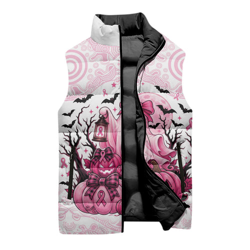 Aboriginal Pink Ghost Pumpkin Sleeveless Puffer Jacket Aboriginal Halloween Wear Pink