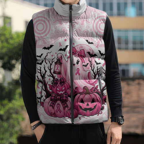 Aboriginal Pink Ghost Pumpkin Sleeveless Puffer Jacket Aboriginal Halloween Wear Pink