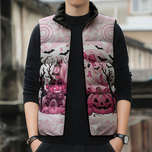 Aboriginal Pink Ghost Pumpkin Sleeveless Puffer Jacket Aboriginal Halloween Wear Pink