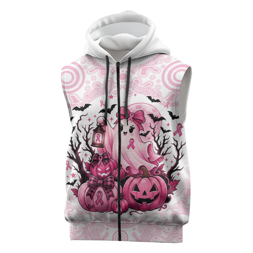 Aboriginal Pink Ghost Pumpkin Sleeveless Zip Hoodie Aboriginal Halloween Wear Pink