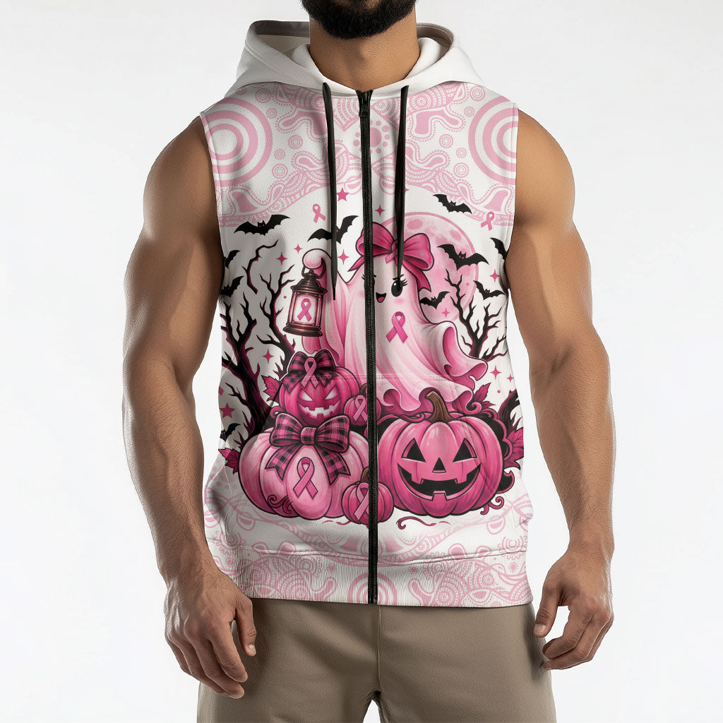 Aboriginal Pink Ghost Pumpkin Sleeveless Zip Hoodie Aboriginal Halloween Wear Pink