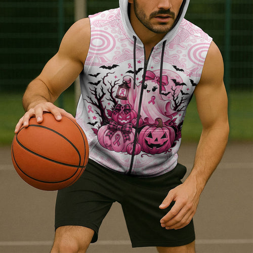 Aboriginal Pink Ghost Pumpkin Sleeveless Zip Hoodie Aboriginal Halloween Wear Pink