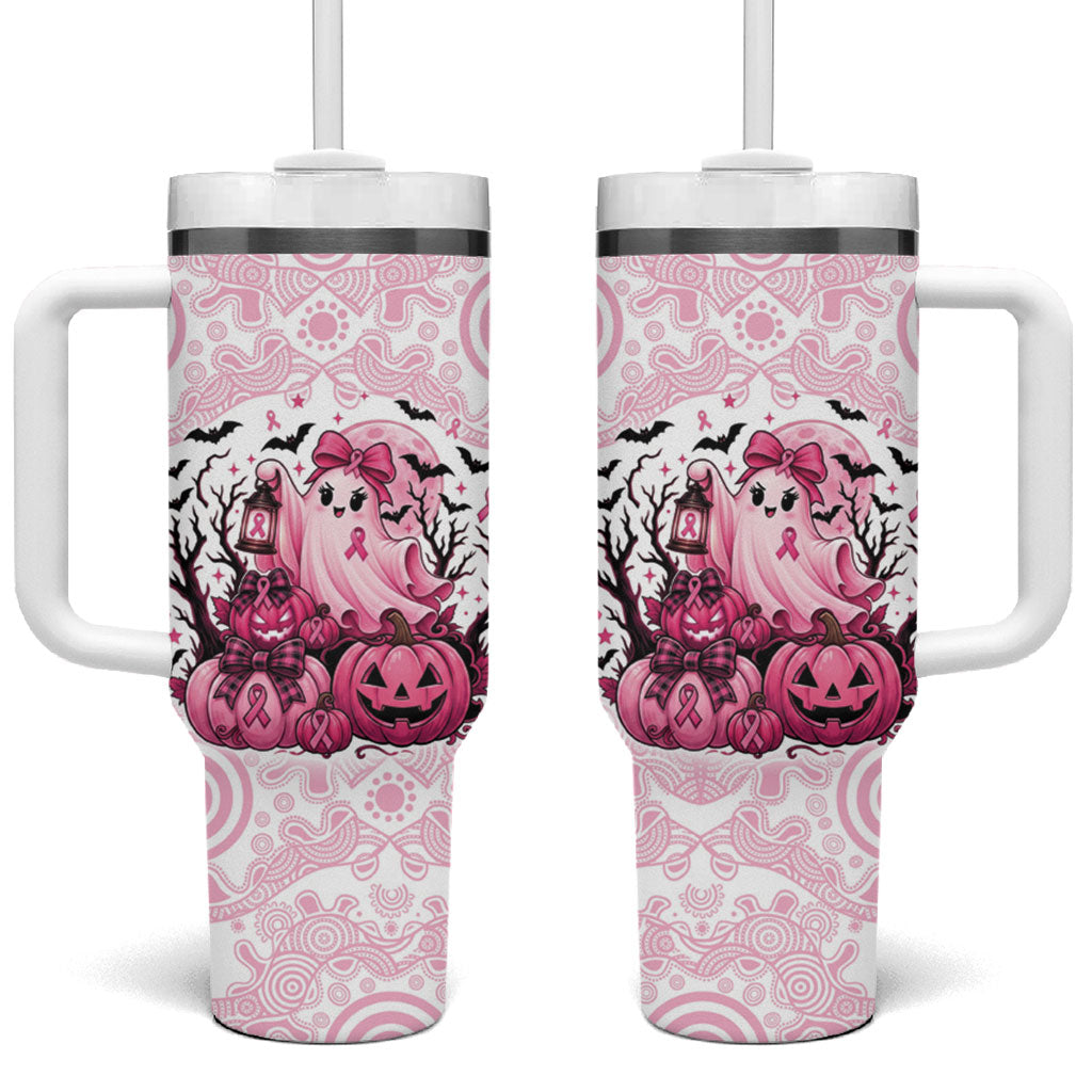 Aboriginal Pink Ghost Pumpkin Tumbler With Handle Aboriginal Halloween Wear Pink