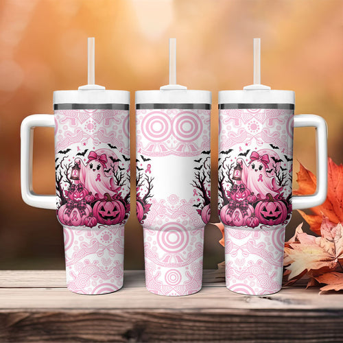 Aboriginal Pink Ghost Pumpkin Tumbler With Handle Aboriginal Halloween Wear Pink