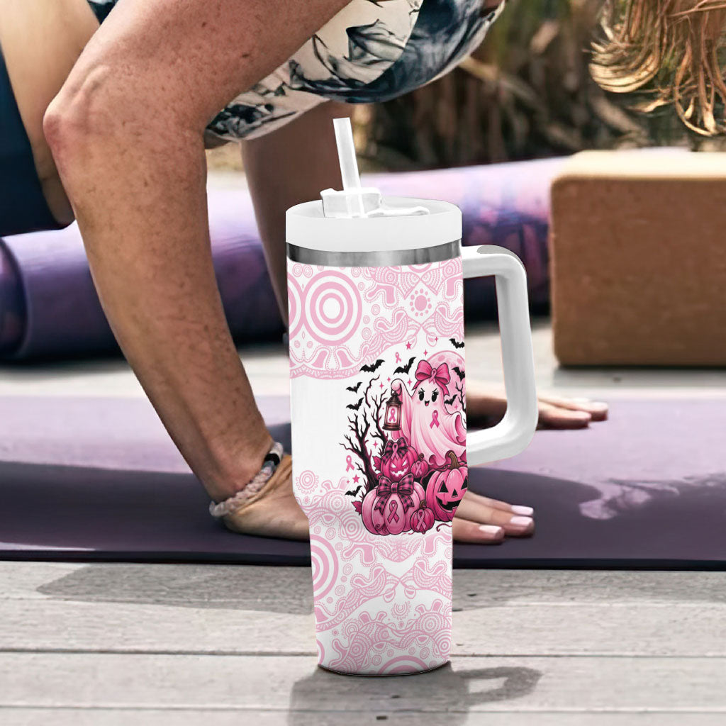 Aboriginal Pink Ghost Pumpkin Tumbler With Handle Aboriginal Halloween Wear Pink