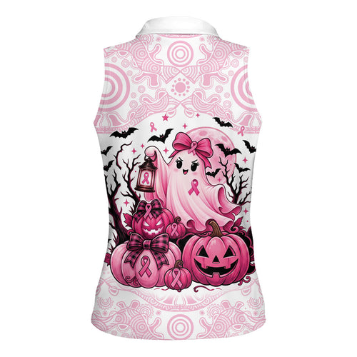 Aboriginal Pink Ghost Pumpkin Women Sleeveless Polo Shirt Aboriginal Halloween Wear Pink