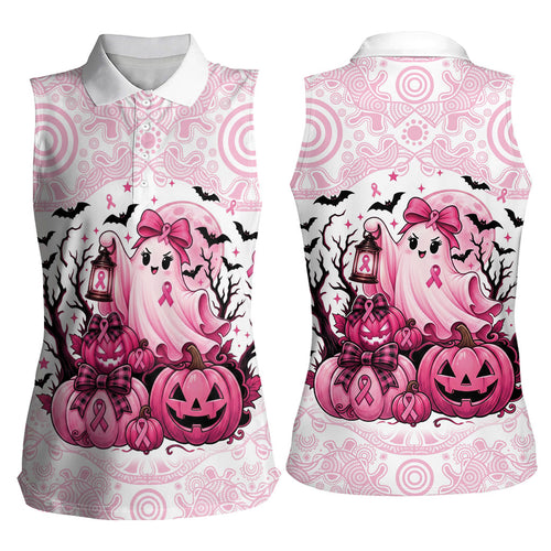 Aboriginal Pink Ghost Pumpkin Women Sleeveless Polo Shirt Aboriginal Halloween Wear Pink