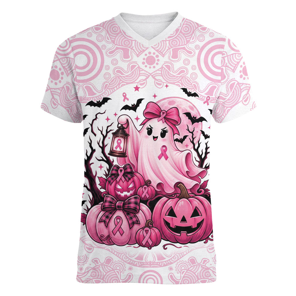 Aboriginal Pink Ghost Pumpkin Women V-Neck T-Shirt Aboriginal Halloween Wear Pink