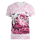 Aboriginal Pink Ghost Pumpkin Women V-Neck T-Shirt Aboriginal Halloween Wear Pink