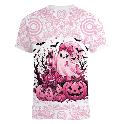 Aboriginal Pink Ghost Pumpkin Women V-Neck T-Shirt Aboriginal Halloween Wear Pink