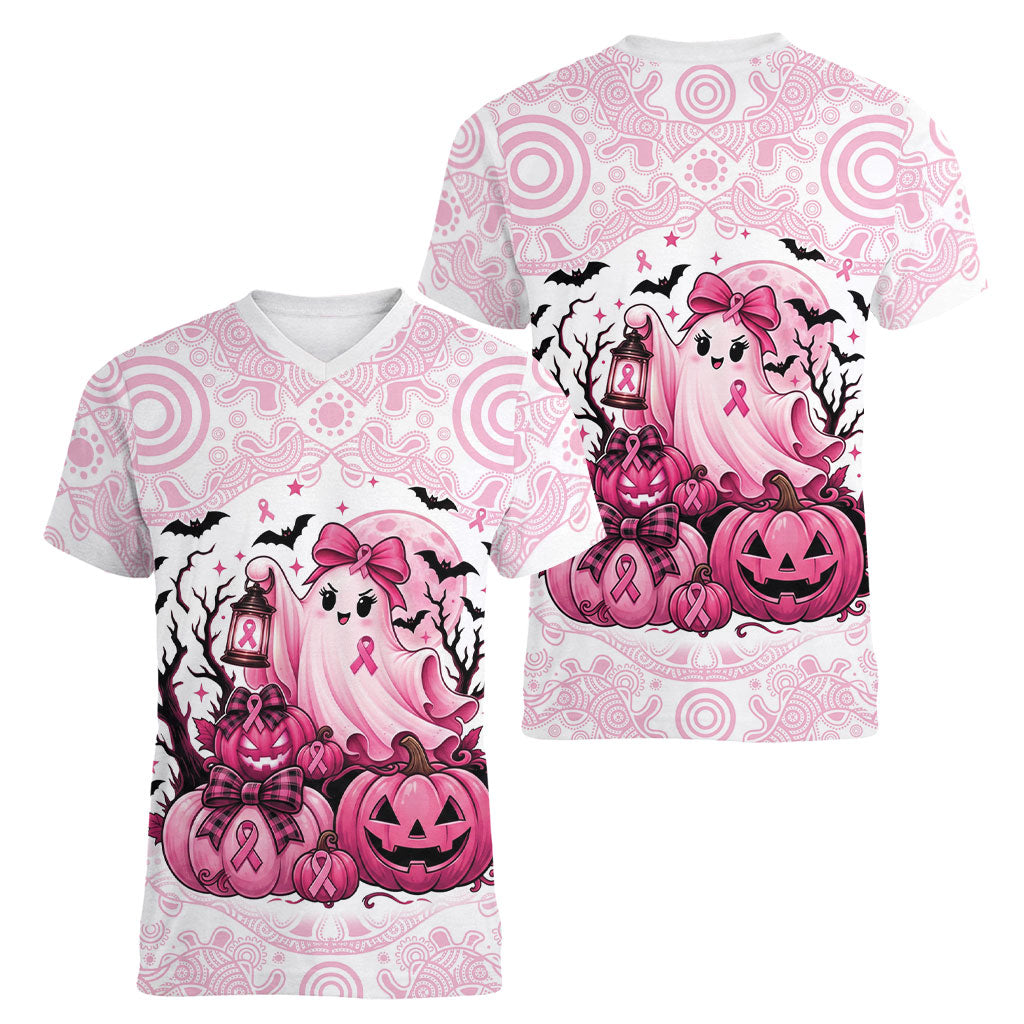 Aboriginal Pink Ghost Pumpkin Women V-Neck T-Shirt Aboriginal Halloween Wear Pink