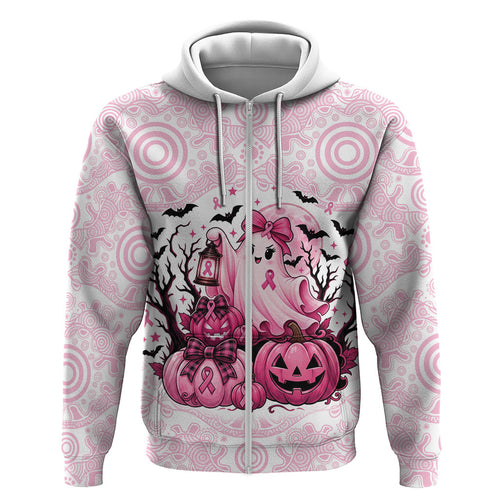 Aboriginal Pink Ghost Pumpkin Zip Hoodie Aboriginal Halloween Wear Pink