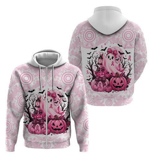 Aboriginal Pink Ghost Pumpkin Zip Hoodie Aboriginal Halloween Wear Pink