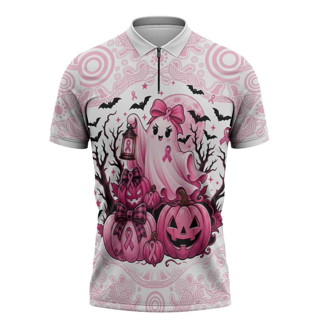 Aboriginal Pink Ghost Pumpkin Zipper Polo Shirt Aboriginal Halloween Wear Pink