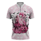 Aboriginal Pink Ghost Pumpkin Zipper Polo Shirt Aboriginal Halloween Wear Pink