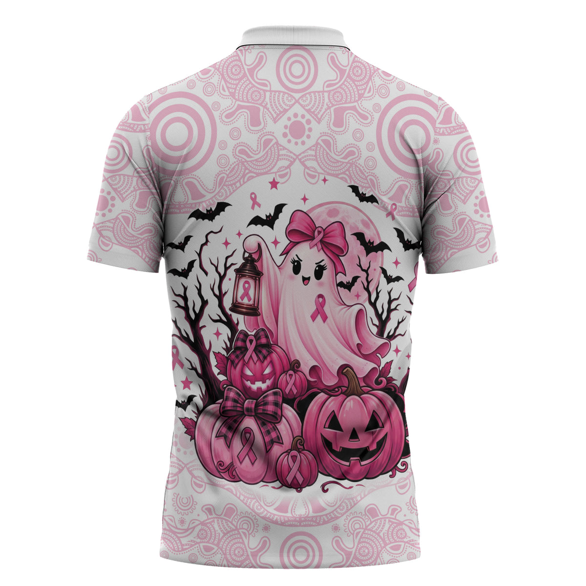 Aboriginal Pink Ghost Pumpkin Zipper Polo Shirt Aboriginal Halloween Wear Pink