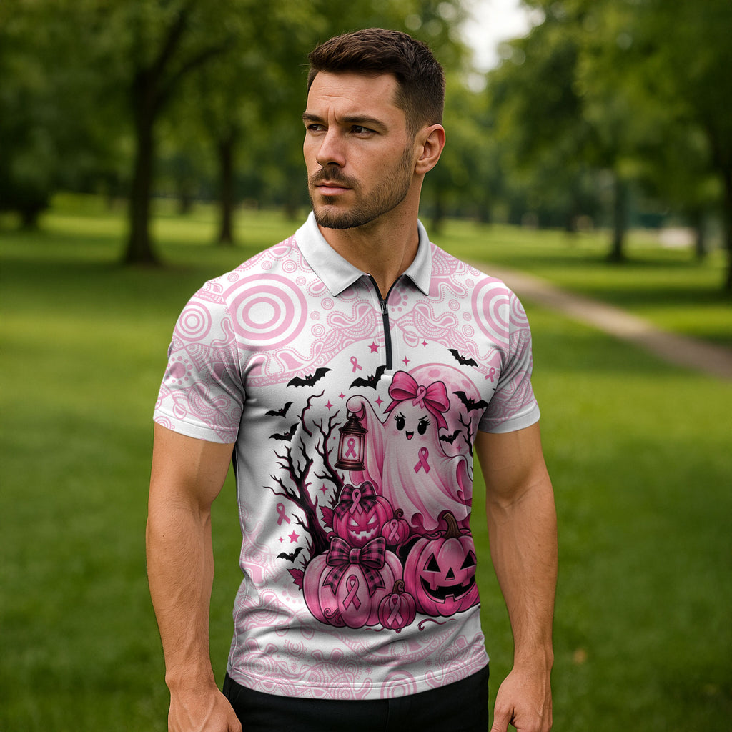 Aboriginal Pink Ghost Pumpkin Zipper Polo Shirt Aboriginal Halloween Wear Pink