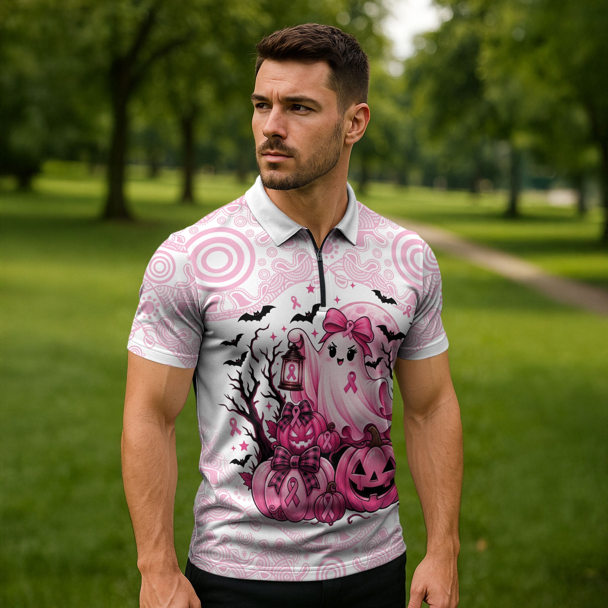 Aboriginal Pink Ghost Pumpkin Zipper Polo Shirt Aboriginal Halloween Wear Pink
