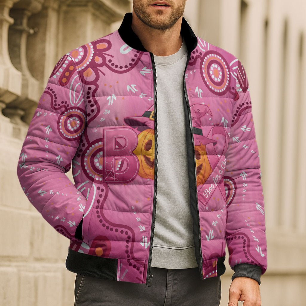 Boo for a Cure Pink Ghost Bomber Puffer Jacket Aboriginal Halloween Wear Pink