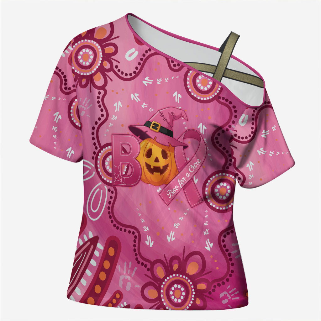 Boo for a Cure Pink Ghost Cross Shoulder Shirt Aboriginal Halloween Wear Pink