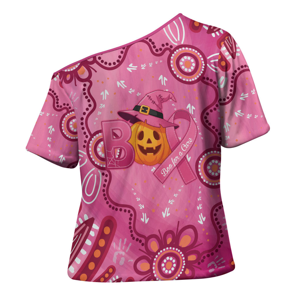 Boo for a Cure Pink Ghost Cross Shoulder Shirt Aboriginal Halloween Wear Pink