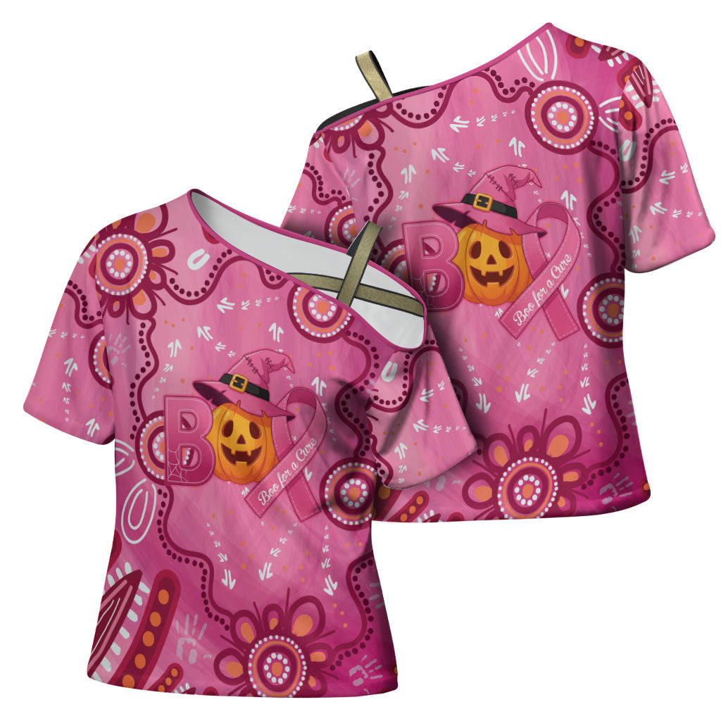 Boo for a Cure Pink Ghost Cross Shoulder Shirt Aboriginal Halloween Wear Pink