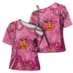 Boo for a Cure Pink Ghost Cross Shoulder Shirt Aboriginal Halloween Wear Pink