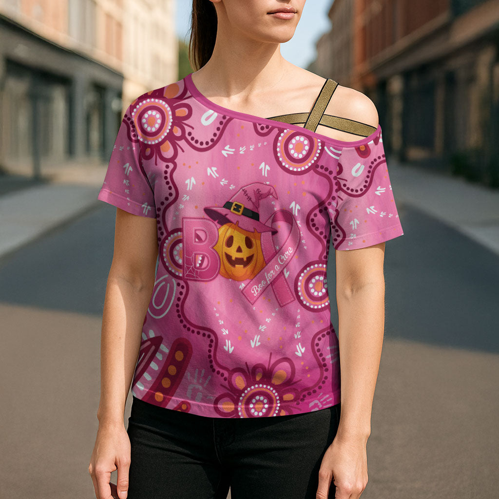 Boo for a Cure Pink Ghost Cross Shoulder Shirt Aboriginal Halloween Wear Pink