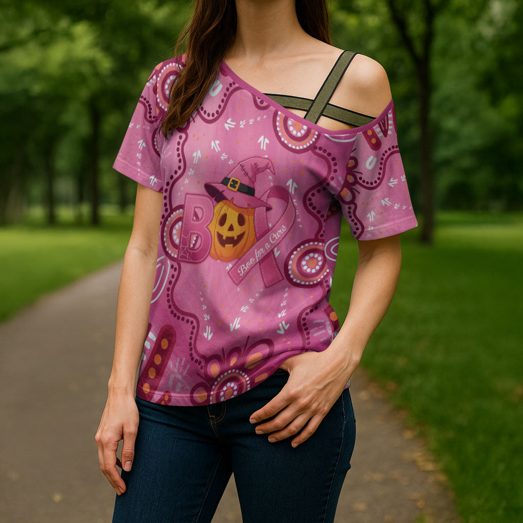 Boo for a Cure Pink Ghost Cross Shoulder Shirt Aboriginal Halloween Wear Pink