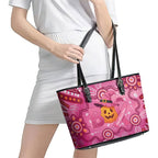 Boo for a Cure Pink Ghost Leather Tote Bag Aboriginal Halloween Wear Pink
