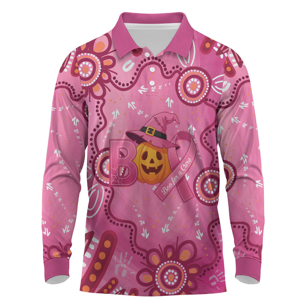 Boo for a Cure Pink Ghost Long Sleeve Polo Shirt Aboriginal Halloween Wear Pink