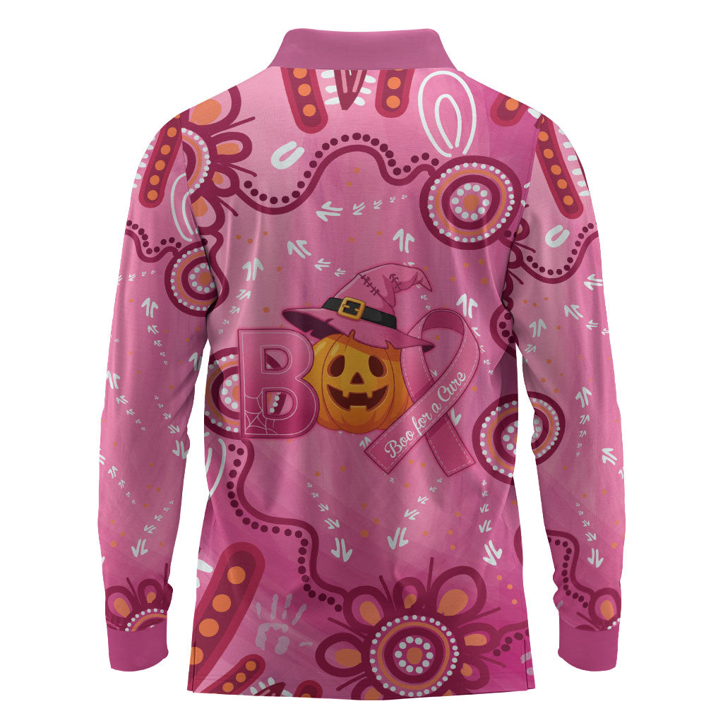 Boo for a Cure Pink Ghost Long Sleeve Polo Shirt Aboriginal Halloween Wear Pink