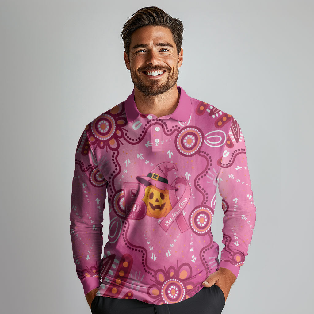 Boo for a Cure Pink Ghost Long Sleeve Polo Shirt Aboriginal Halloween Wear Pink